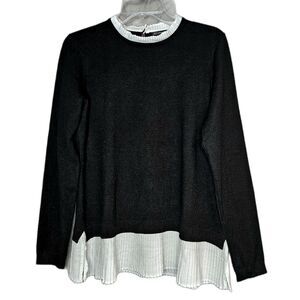 Adrianna Papell Black Twofer Pleated Versatile Trendy Knit Pullover Sweater